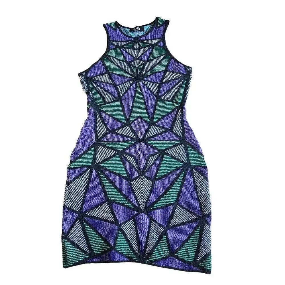 Vintage womens Sz S purple green Geometric mini dress knit stretch